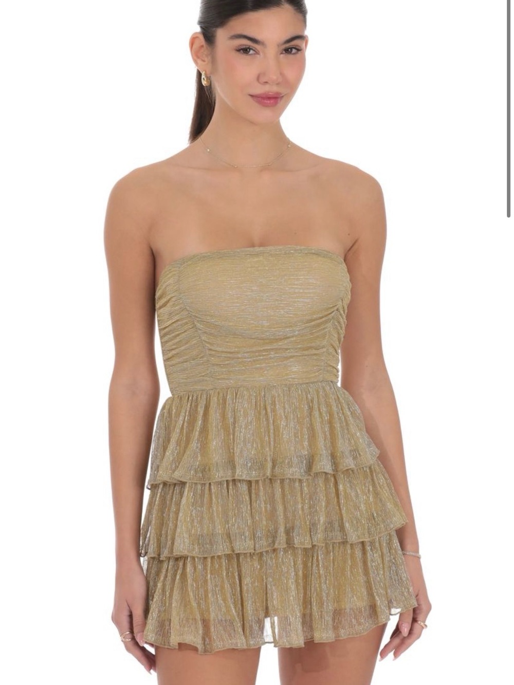NWT Lucy In the Sky Shimmer Pleated Ruffle Dress in Gold